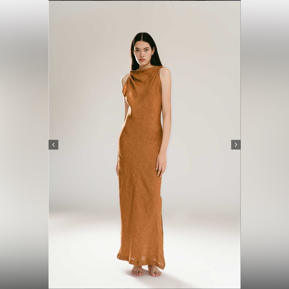 Zara Rust Brown Midi Dress Linen Size X-Small - Picture 2 of 3